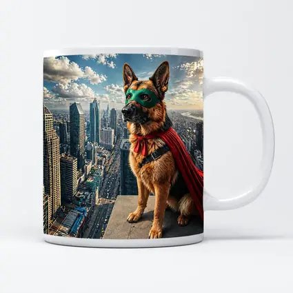 German Shepherd Superhero Cape City Skyline