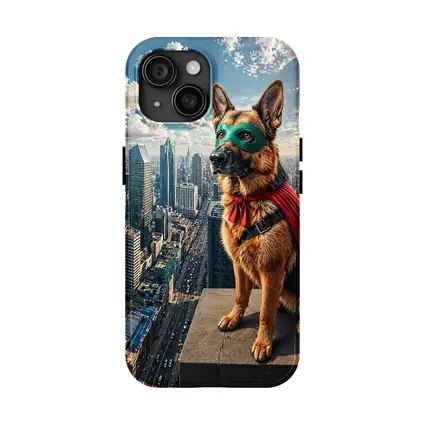 German Shepherd Superhero Cape City Skyline