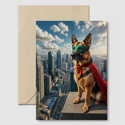 German Shepherd Superhero Cape City Skyline