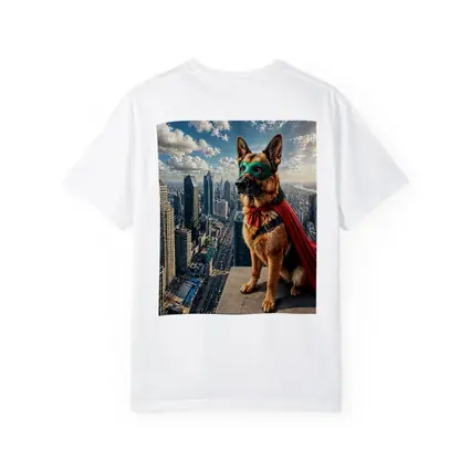 German Shepherd Superhero Cape City Skyline