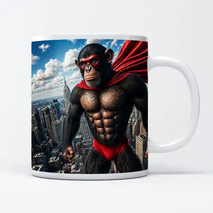 Superhero Chimpanzee Flying Over City Skyline