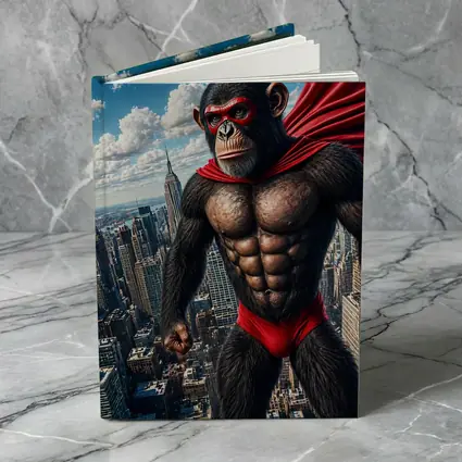 Superhero Chimpanzee Flying Over City Skyline