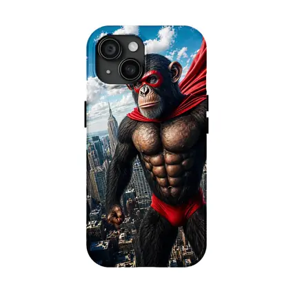 Superhero Chimpanzee Flying Over City Skyline