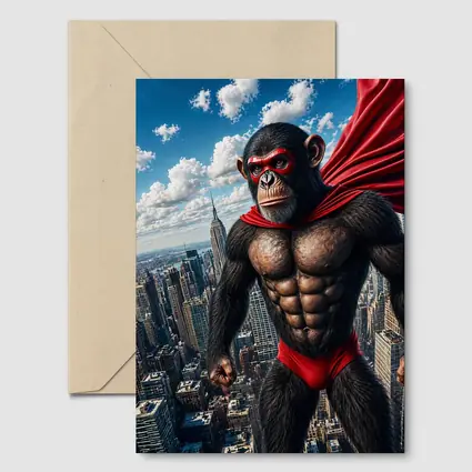 Superhero Chimpanzee Flying Over City Skyline