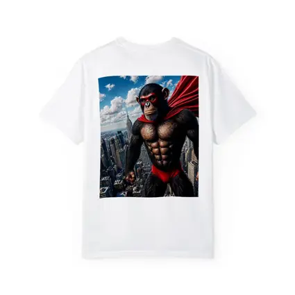 Superhero Chimpanzee Flying Over City Skyline
