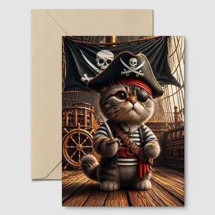 Pirate Cat On Wooden Ship Deck