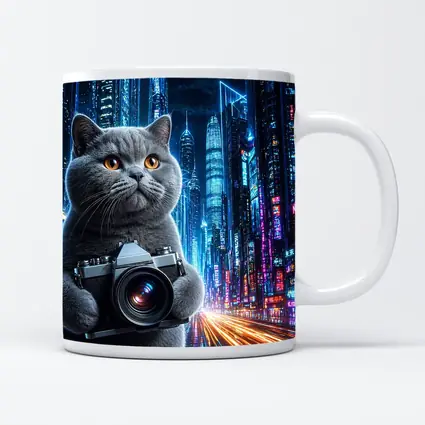 British Shorthair Cat Photographer Neon Cyberpunk City