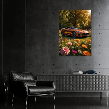 Jaguar F-Type Orange Sports Car Flower Field