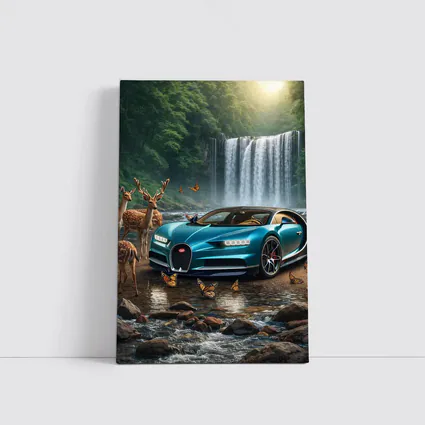Bugatti Chiron Waterfall Forest Deer Scene