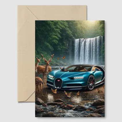 Bugatti Chiron Waterfall Forest Deer Scene