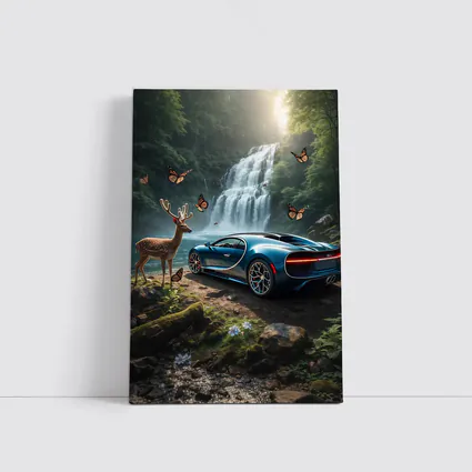 Bugatti Chiron Blue Waterfall Forest Deer
