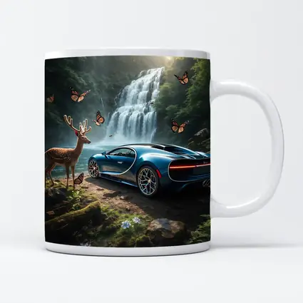Bugatti Chiron Blue Waterfall Forest Deer