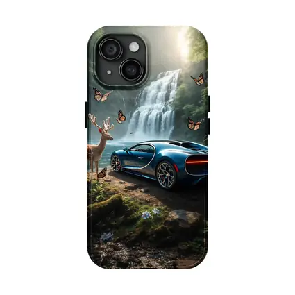 Bugatti Chiron Blue Waterfall Forest Deer