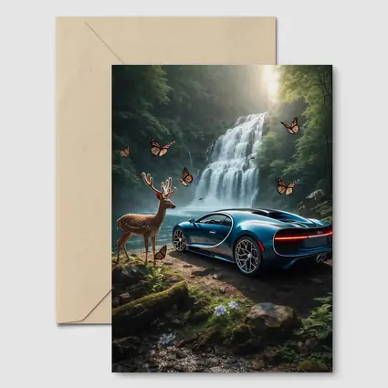 Bugatti Chiron Blue Waterfall Forest Deer