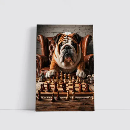 Bulldog Playing Chess Brown Leather Armchair