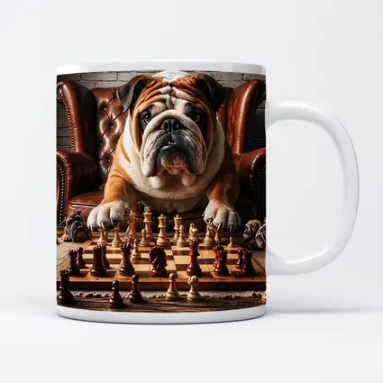 Bulldog Playing Chess Brown Leather Armchair