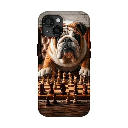 Bulldog Playing Chess Brown Leather Armchair