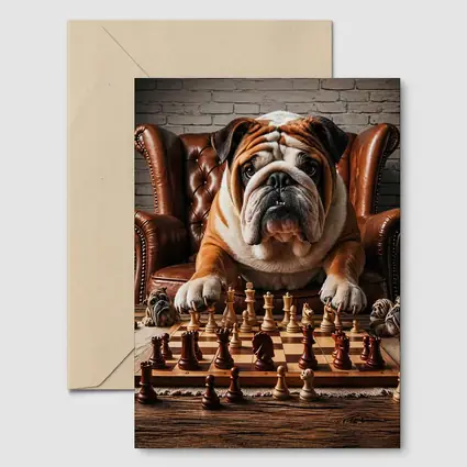 Bulldog Playing Chess Brown Leather Armchair