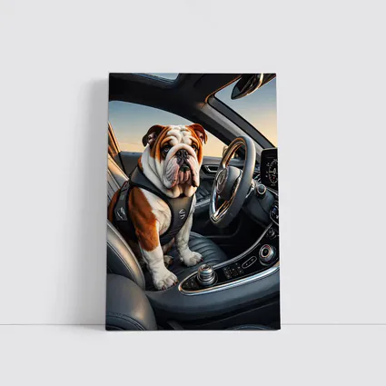 English Bulldog Sitting Inside Luxury Car