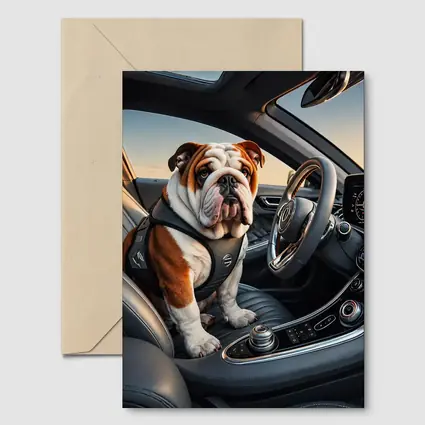 English Bulldog Sitting Inside Luxury Car