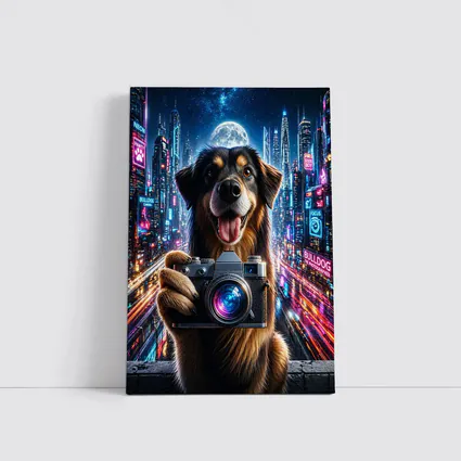 Dog Holding Camera Neon Cyberpunk City Night