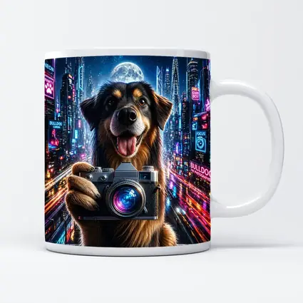 Dog Holding Camera Neon Cyberpunk City Night
