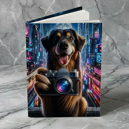 Dog Holding Camera Neon Cyberpunk City Night