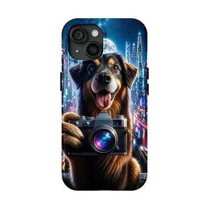 Dog Holding Camera Neon Cyberpunk City Night