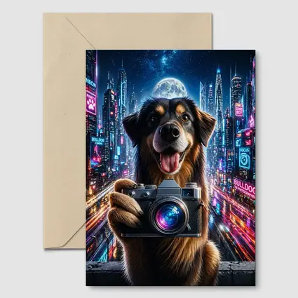 Dog Holding Camera Neon Cyberpunk City Night