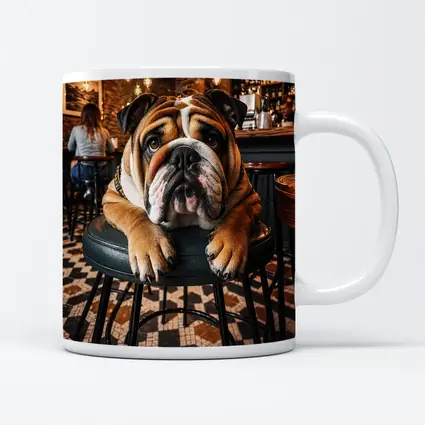 English Bulldog Relaxing In Cozy Cafe Bar