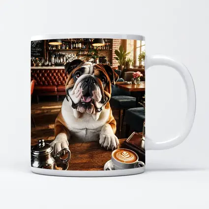 English Bulldog Sitting In Coffee Shop