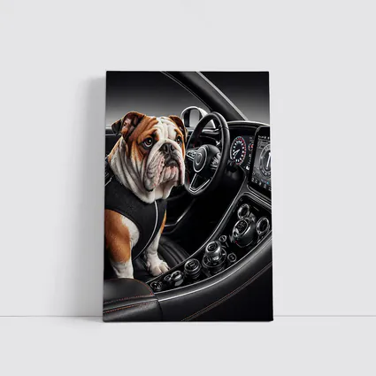 English Bulldog Sitting Inside Luxury Car Interior