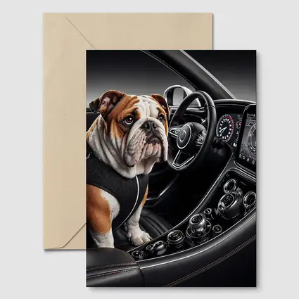 English Bulldog Sitting Inside Luxury Car Interior