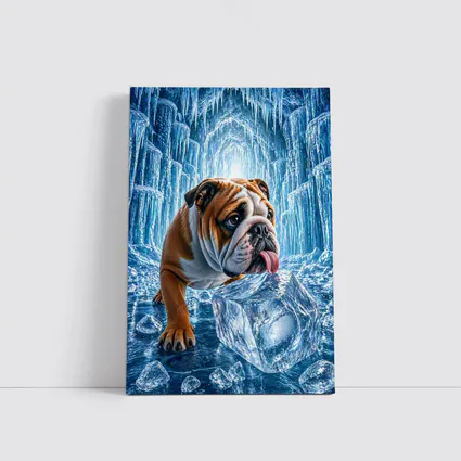 English Bulldog Licking Ice Block Frozen Cave