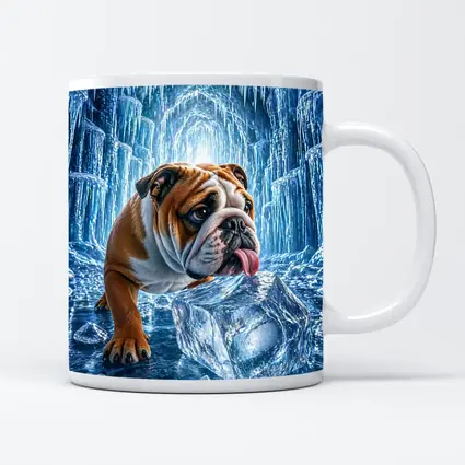 English Bulldog Licking Ice Block Frozen Cave