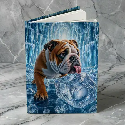 English Bulldog Licking Ice Block Frozen Cave