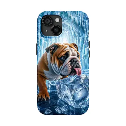 English Bulldog Licking Ice Block Frozen Cave