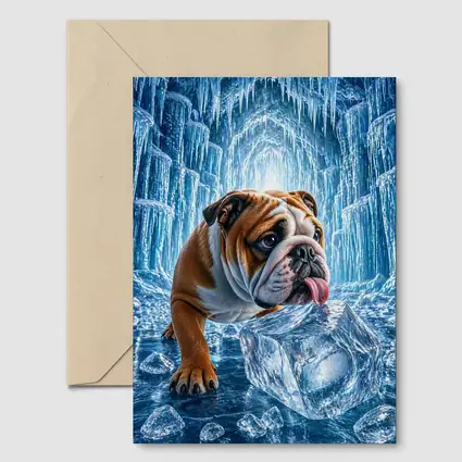English Bulldog Licking Ice Block Frozen Cave