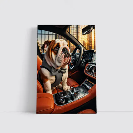 English Bulldog Puppy Sitting Inside Luxury Car