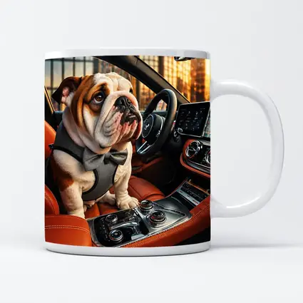English Bulldog Puppy Sitting Inside Luxury Car