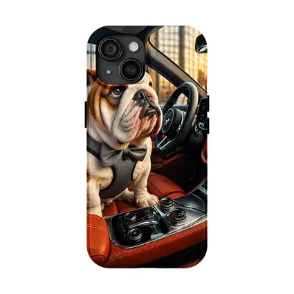 English Bulldog Puppy Sitting Inside Luxury Car