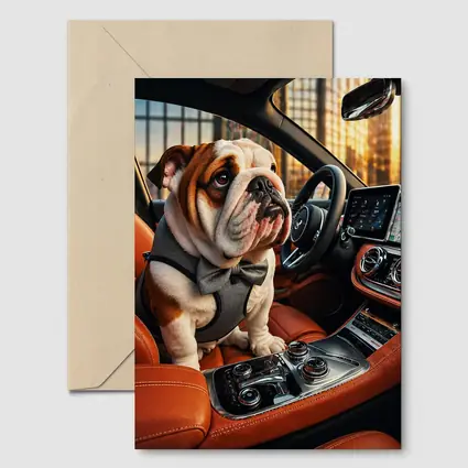 English Bulldog Puppy Sitting Inside Luxury Car