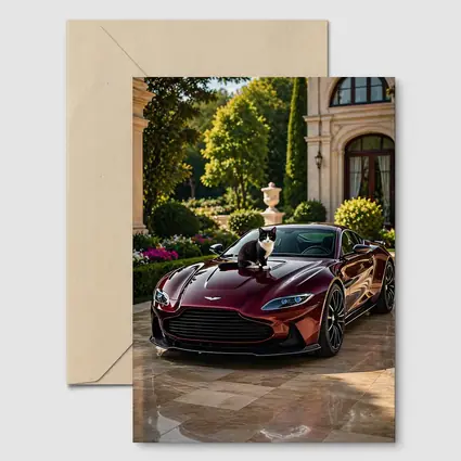 Aston Martin Vantage Tuxedo Cat Mansion Driveway