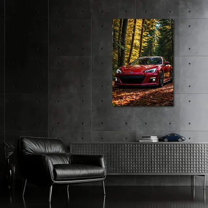 Red Subaru BRZ Parked in Autumn Forest