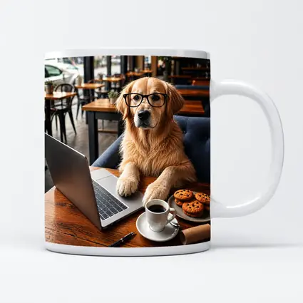 Golden Retriever With Glasses In Cafe