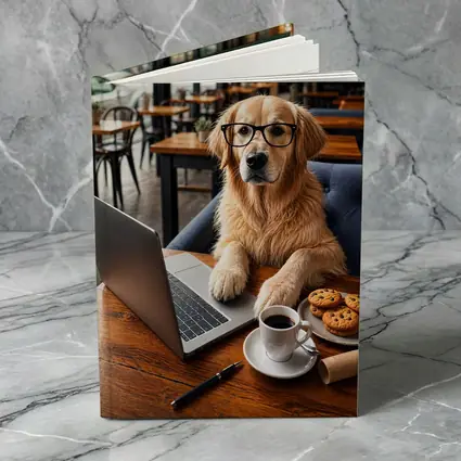 Golden Retriever With Glasses In Cafe