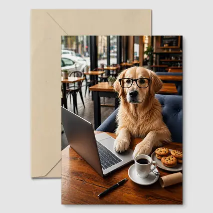 Golden Retriever With Glasses In Cafe