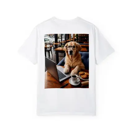 Golden Retriever With Glasses In Cafe