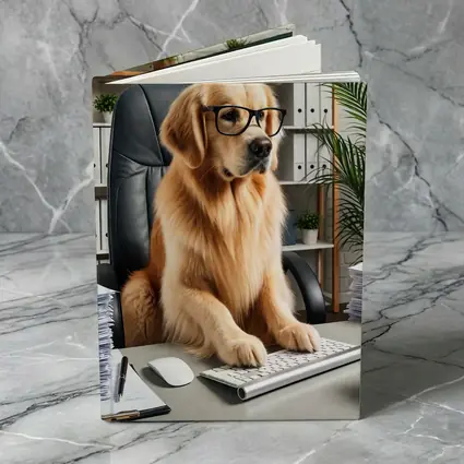 Golden Retriever Boss Working at Office Desk