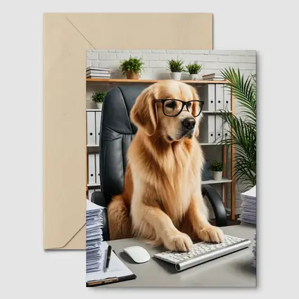 Golden Retriever Boss Working at Office Desk